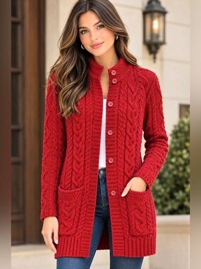 100% Pure Wool Woolovers Cable Knit Cardigan Sweater in Red Size Small Like New